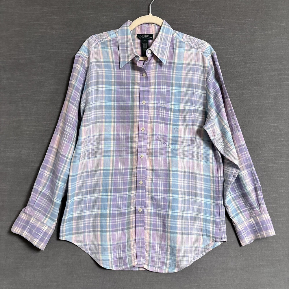 Lauren Ralph Lauren‎ Top 8 Purple Plaid Linen Button Up Long Sleeve Pastel Fall